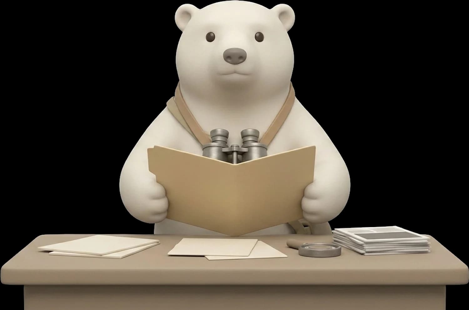 Scout at a desk holding open a folder of findings, with printouts and a magnifier beside him.