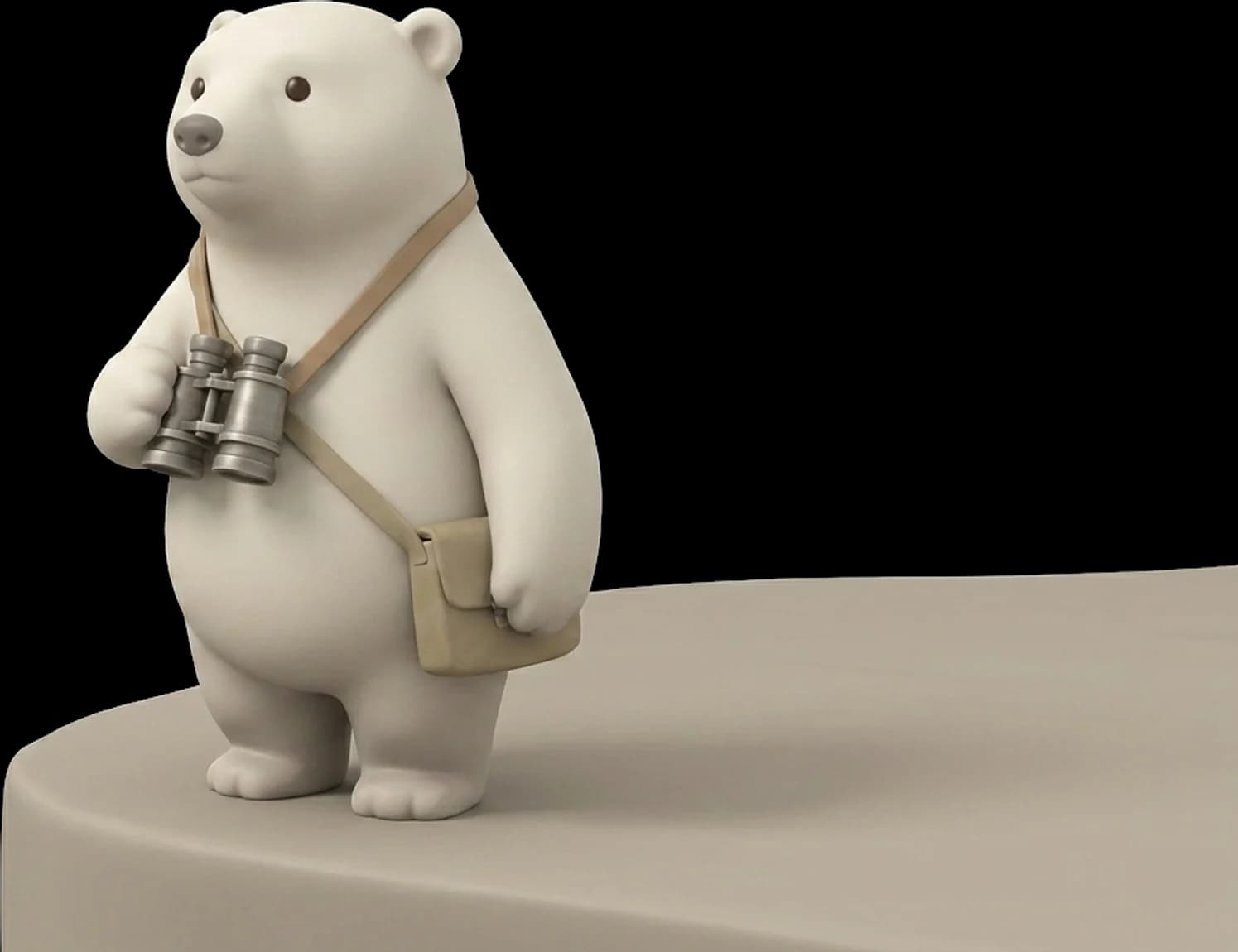 Scout at the edge of a ledge with his binoculars lowered, looking out at nothing.