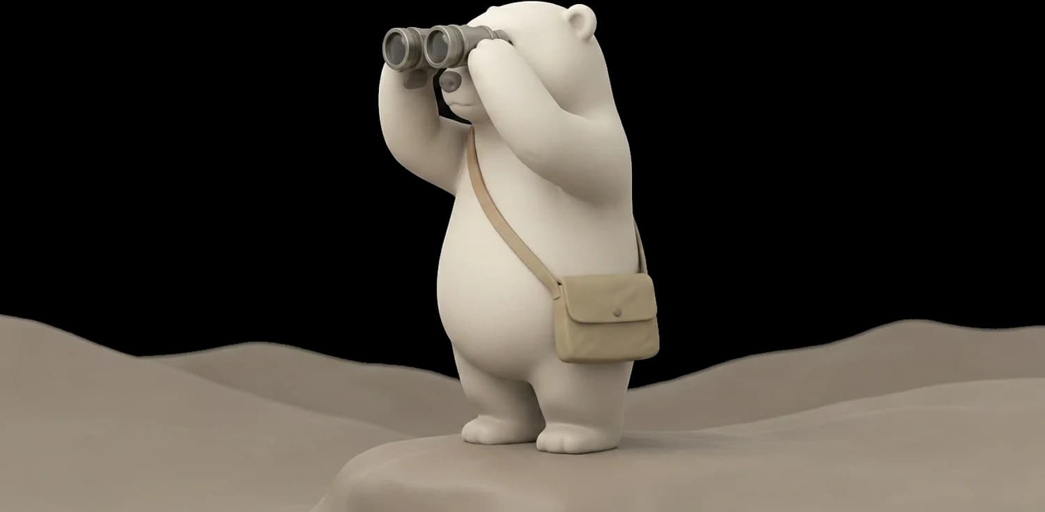 Scout on a low ridge with binoculars raised, scanning into the distance.